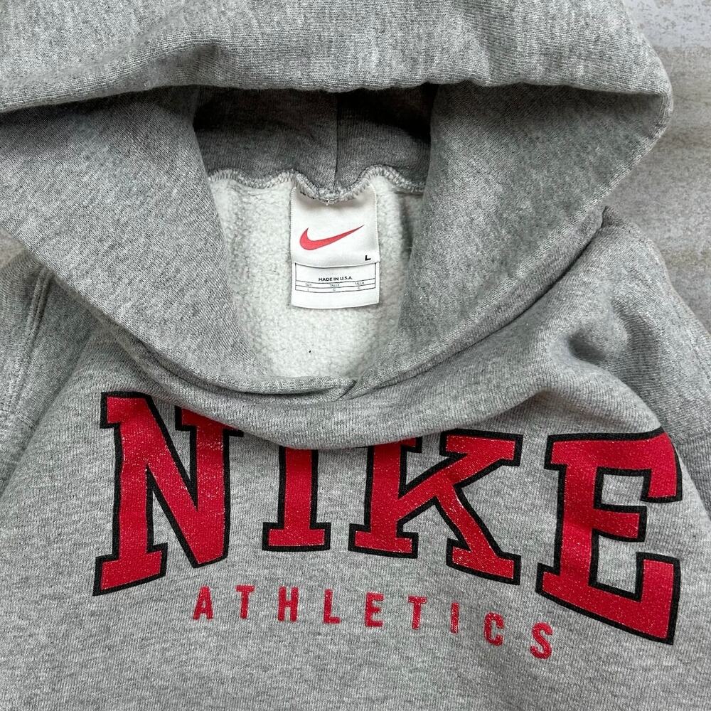 Vintage 90s Nike Hoodie Youth L Grey Red Spellout Cotton Pullover USA Made - Picture 3 of 3